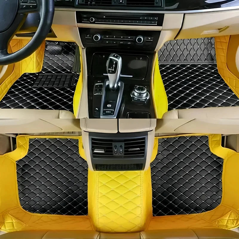Toyota Corolla Cross Hybrid floor mats black and yellow – striking two-tone diamond-quilt leather with vivid yellow accent border
