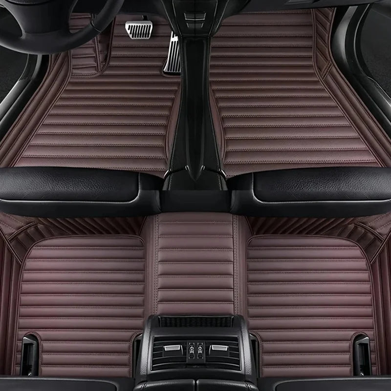 Toyota Corolla Cross Hybrid floor mats brown stripe – warm brown horizontal-stitch leather, front and rear in-car view