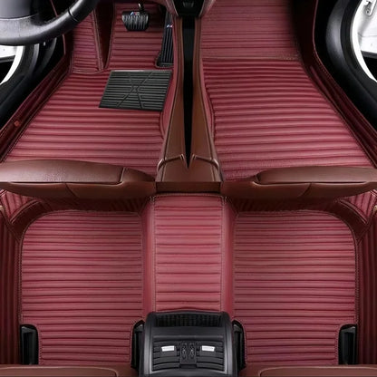 Toyota Corolla Cross Hybrid floor mats burgundy stripe – deep wine-red horizontal-stitch leather, full set view
