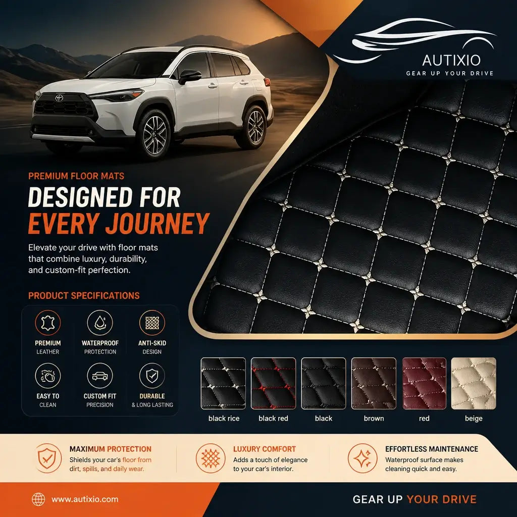 Toyota Corolla Cross floor mat premium leather specs – waterproof, anti-skid, custom fit, available in multiple colors