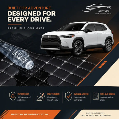 Toyota Corolla Cross waterproof floor mat demonstration – durable leather resists water, easy to clean, non-slip backing