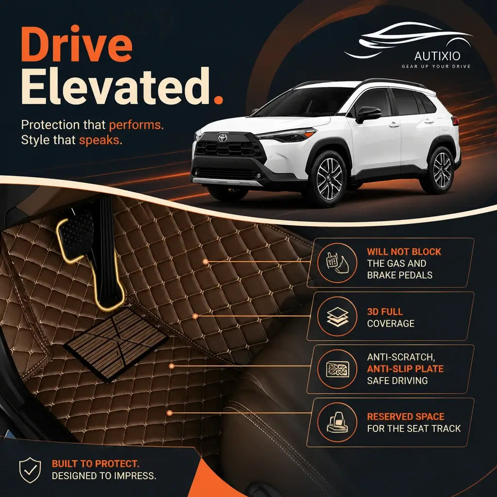 Toyota Corolla Cross brown leather floor mat – premium diamond-quilt stitching with yellow trim accent, 3D custom fit design