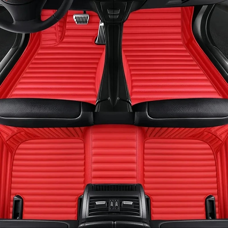 Toyota Corolla Cross Hybrid floor mats red stripe – bold red horizontal-stitch leather, front and rear in-car view