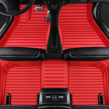 Toyota Corolla Cross Hybrid floor mats red stripe – bold red horizontal-stitch leather, front and rear in-car view