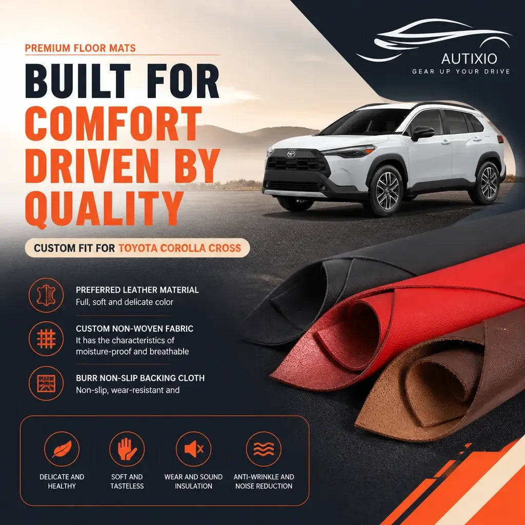 Toyota Corolla Cross floor mat stain-resistant leather in black, red and brown – non-woven fabric with burr non-slip backing cloth