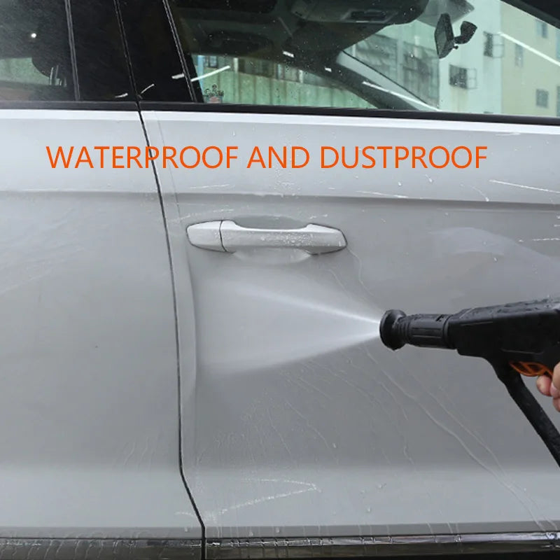 Transparent car door film being sprayed with water to demonstrate waterproof and dustproof protection