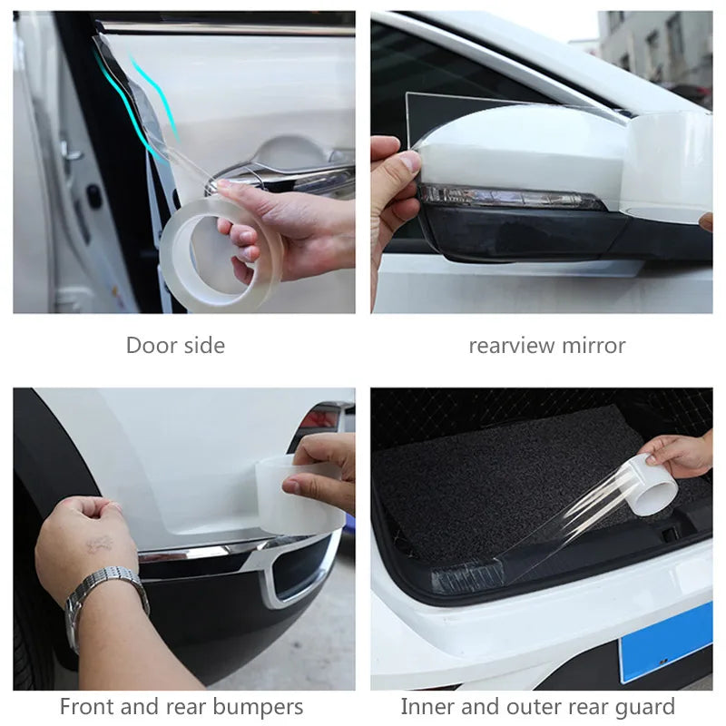 Transparent car protection film being applied to door sides, mirrors, bumpers, and trunk edge in 4-step visual