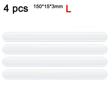 4-piece size L (150x15x3mm) clear transparent silicone door protector strips on white background