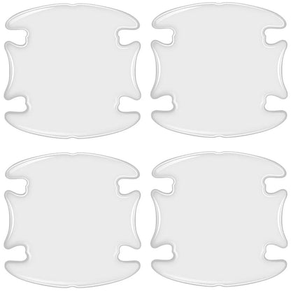 4 transparent clear square-shaped door bowl protectors with notched corners on white background