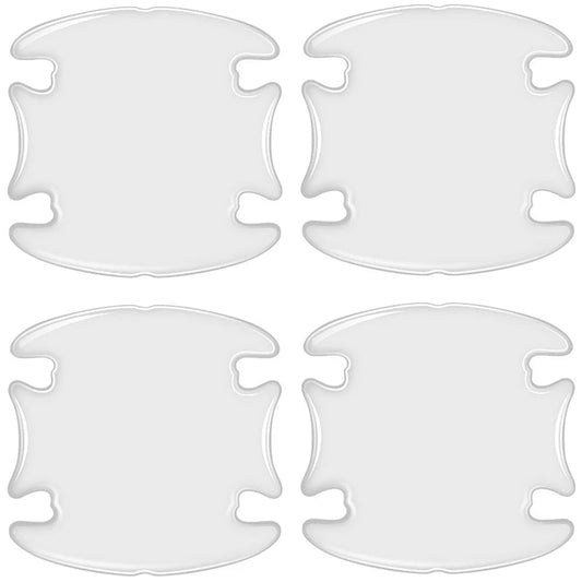 4 transparent clear square-shaped door bowl protectors with notched corners on white background