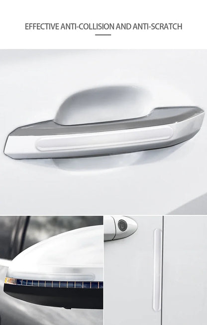 Composite showing clear silicone protectors for anti-collision on car door handle, mirror, and door edge