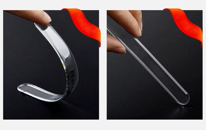 Two-panel demonstration of silicone door protector flexibility and ultra-thin edge profile
