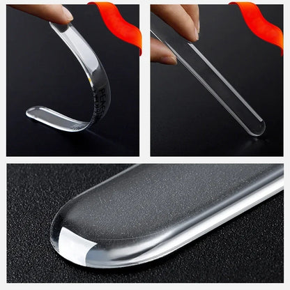 Close-up showing silicone door protector flexibility, thin edge profile, and rounded end detail