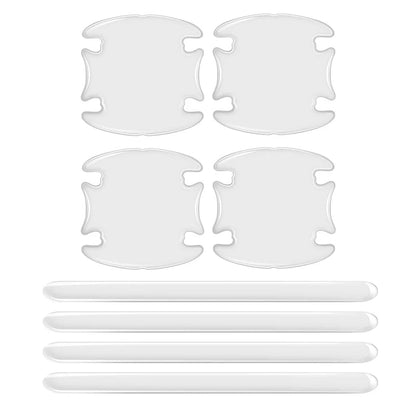 Kit flat lay showing 4 transparent door bowl protectors and 4 clear door edge guard strips