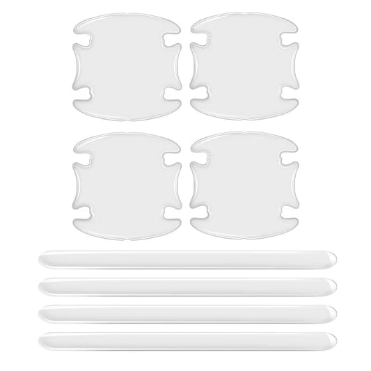 Kit flat lay showing 4 transparent door bowl protectors and 4 clear door edge guard strips