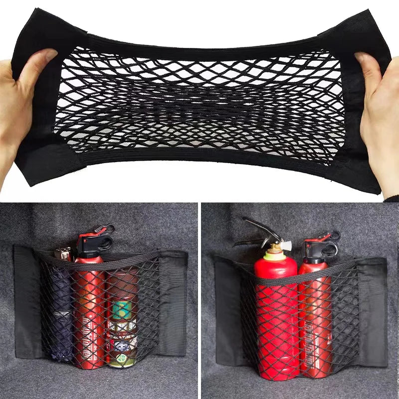 Black trunk cargo net stretched open with fire extinguisher stored in car boot