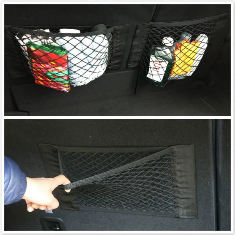 Two trunk cargo nets side by side on boot wall storing groceries and shopping bags