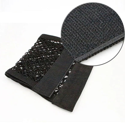 Close-up of trunk cargo net showing velcro backing texture with magnified inset