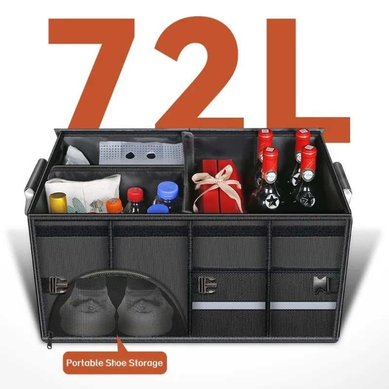 72L trunk organizer open showing bottles gifts and shoe storage compartment