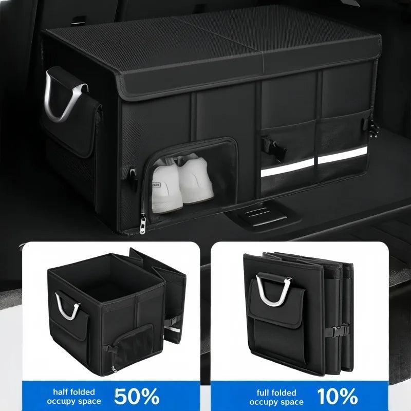 Foldable trunk organizer in car boot open showing shoe pocket and folded positions