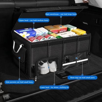 Trunk organizer packed with groceries showing labeled compartments and side pockets