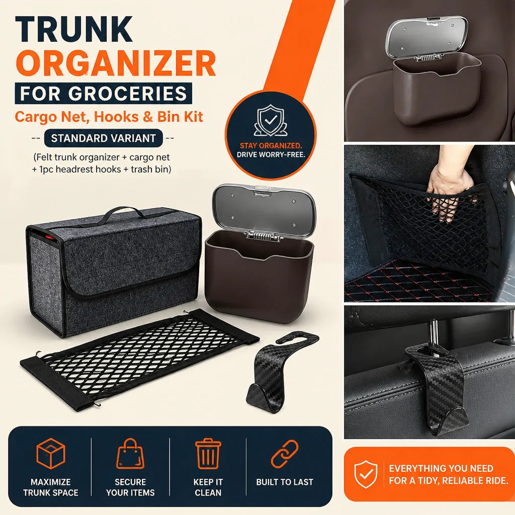 Trunk Organizer for Groceries – Cargo Net, Hooks & Bin Kit