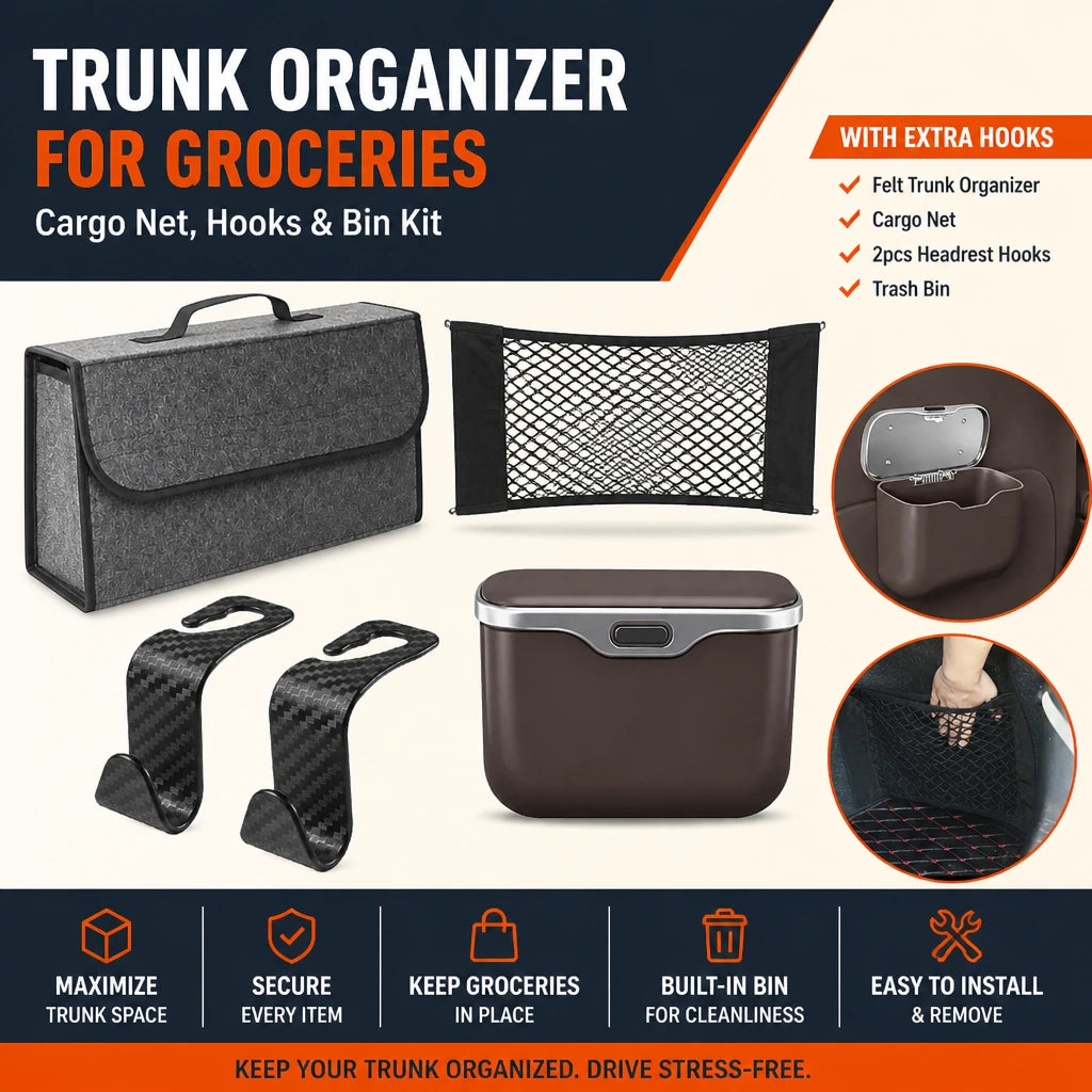 Trunk Organizer for Groceries – Cargo Net, Hooks & Bin Kit