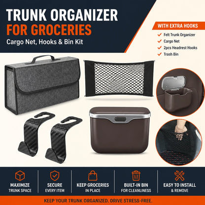 Trunk Organizer for Groceries – Cargo Net, Hooks & Bin Kit