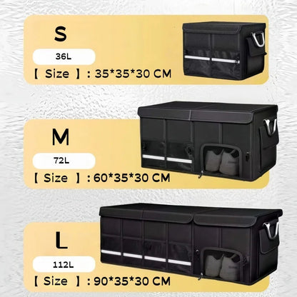 Trunk organizer size chart S 36L M 72L L 112L with cm dimensions