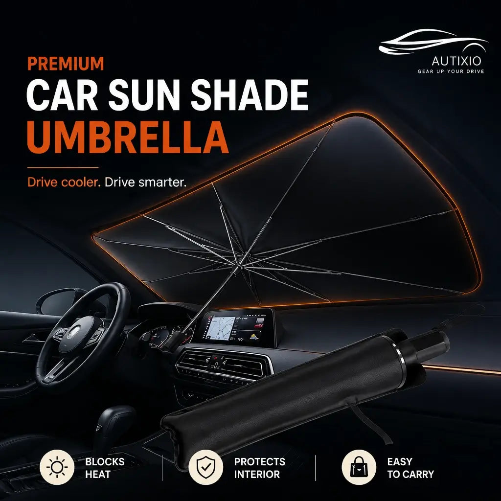 Foldable car sunshade umbrella opened on car windshield showing UPF 50+ UV blocking keeps car cool premium quality quick open fold and compact storage bag included