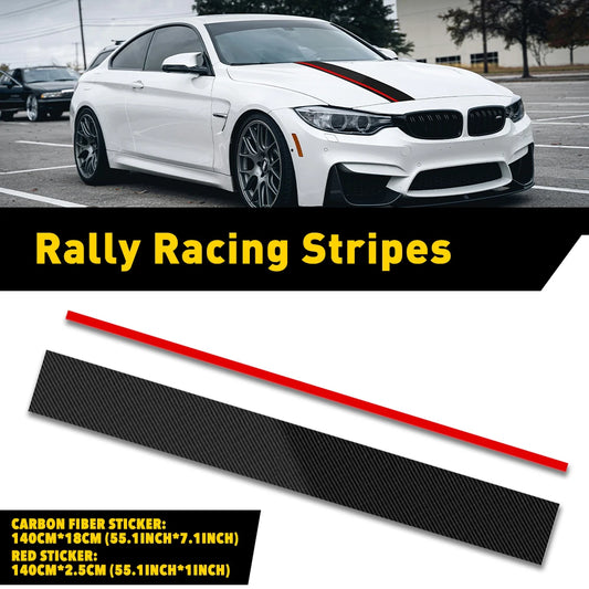 Black and red rally racing stripe vinyl sticker kit with carbon fiber finish installed on white sports car