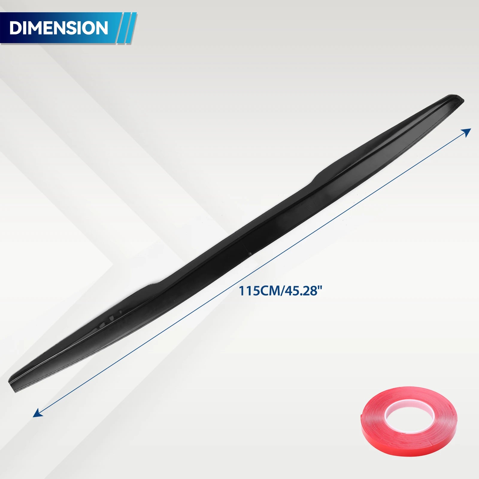 Universal rear spoiler with length dimension 115cm or 45.28 inches, shown with adhesive tape