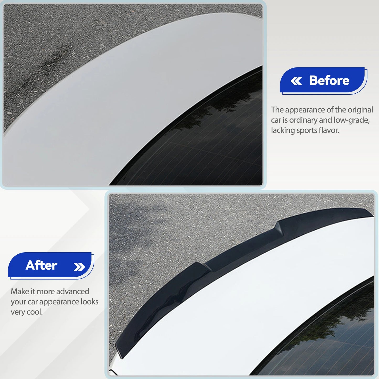 Before and after comparison of car trunk with and without universal rear spoiler installed, showing sportier look