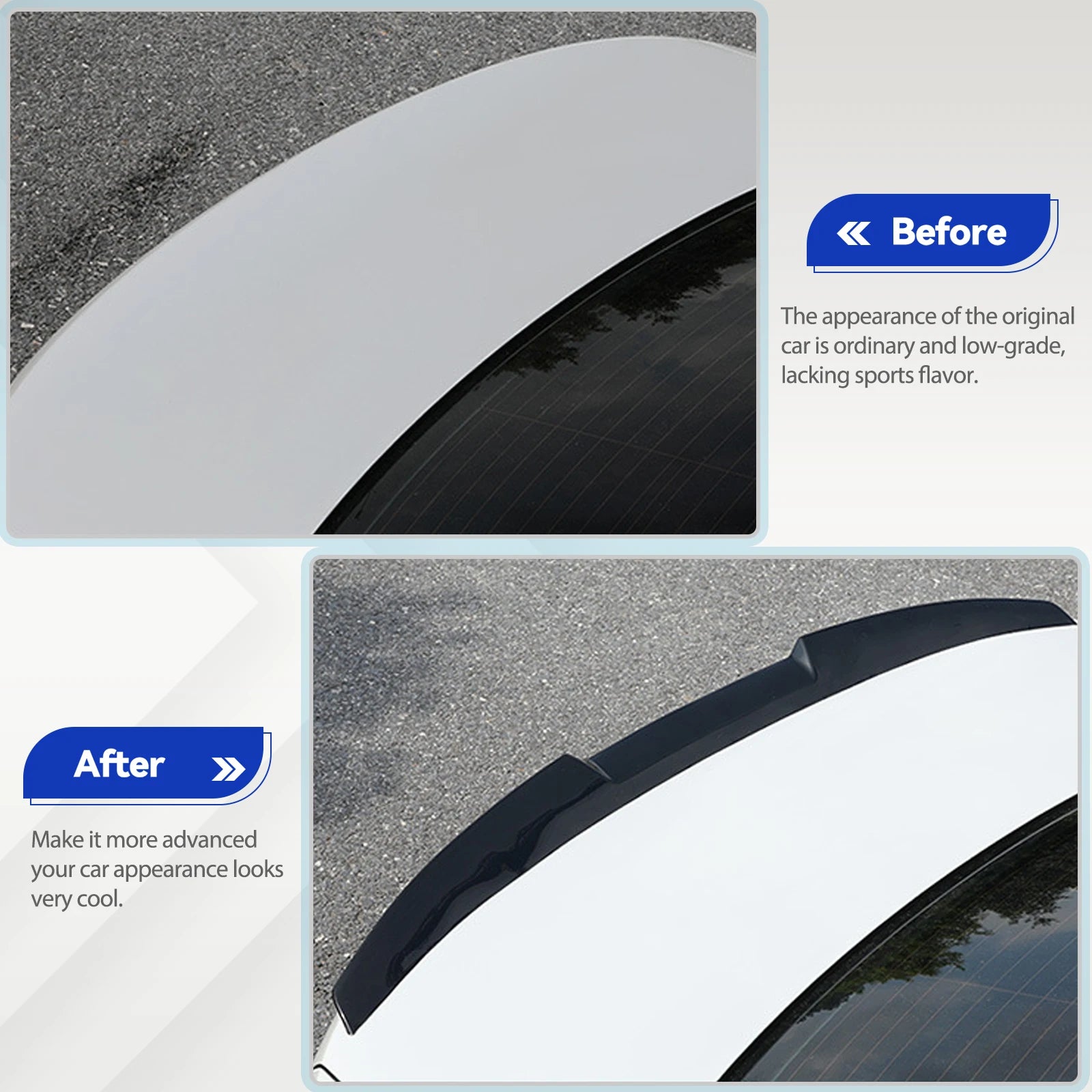 Before and after comparison of car trunk with and without universal rear spoiler installed, showing sportier look