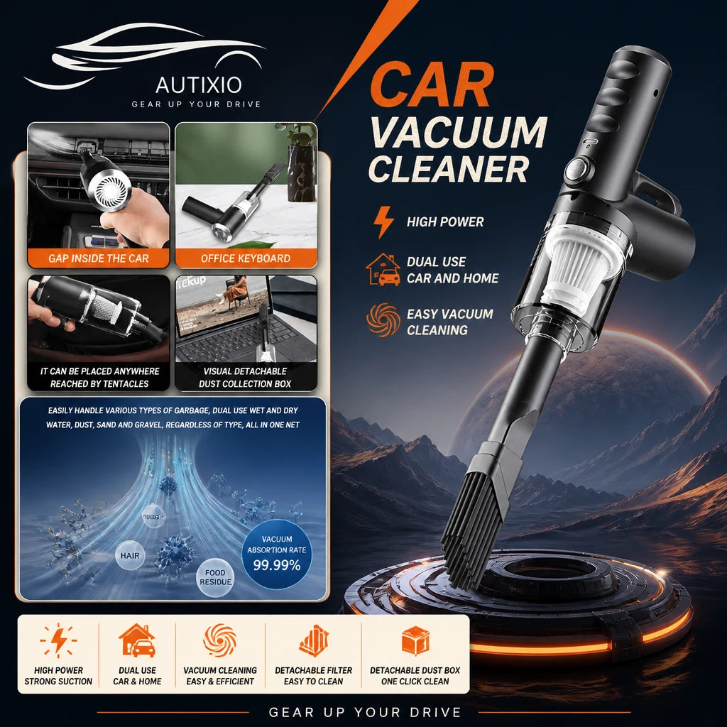 Autixio car vacuum cleaner with features and benefits highlighted for cleaning tiny gaps, keyboards, and cars with dust collection box.