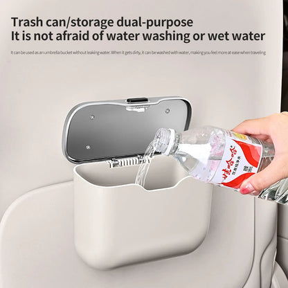 Front display of waterproof trash bin with lid and hanging hook