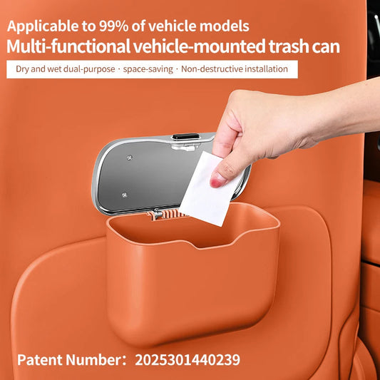 Waterproof car trash bin with lid hanging storage organizer
