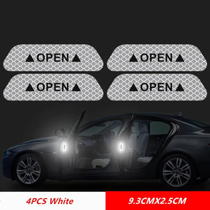 Set of 4 white reflective car door stickers labeled OPEN for enhanced nighttime visibility and safety