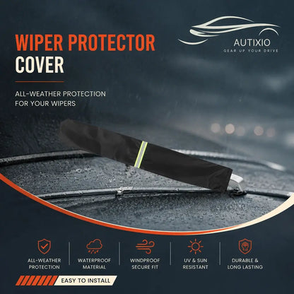 Black windshield wiper protector cover installed on car wiper in rain showing waterproof material, windproof secure fit, UV and sun resistant durable long lasting protection