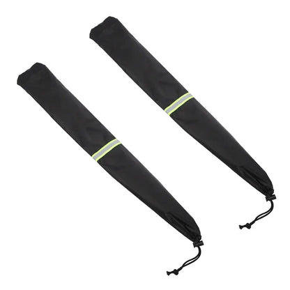 Pair of black windshield wiper covers with reflective neon yellow safety strip and drawstring closure on white background