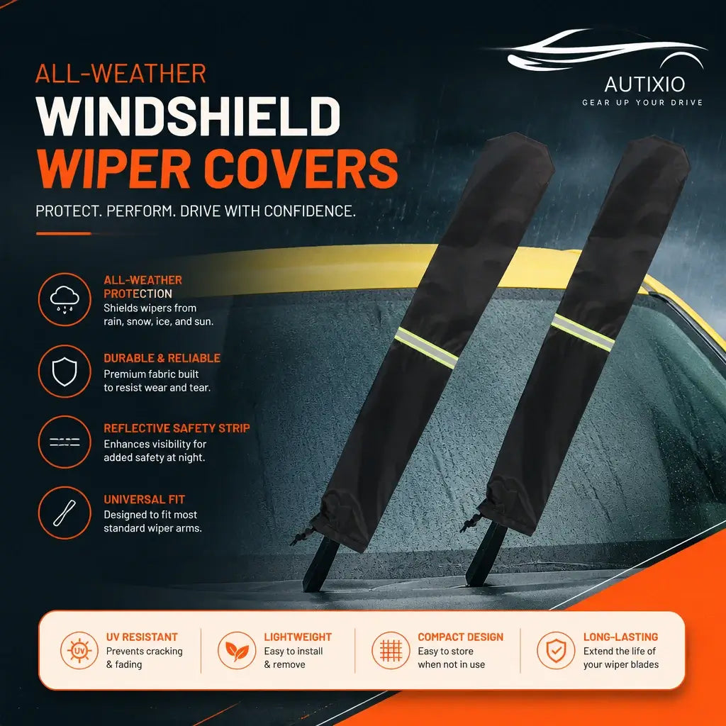 Pair of black windshield wiper covers on car in rain showing all-weather protection from rain snow ice and sun, reflective safety strip, UV resistance, and universal fit features