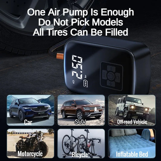 Wireless air pump compatible with car, SUV, motorcycle, bicycle, off-road vehicle, and inflatable bed