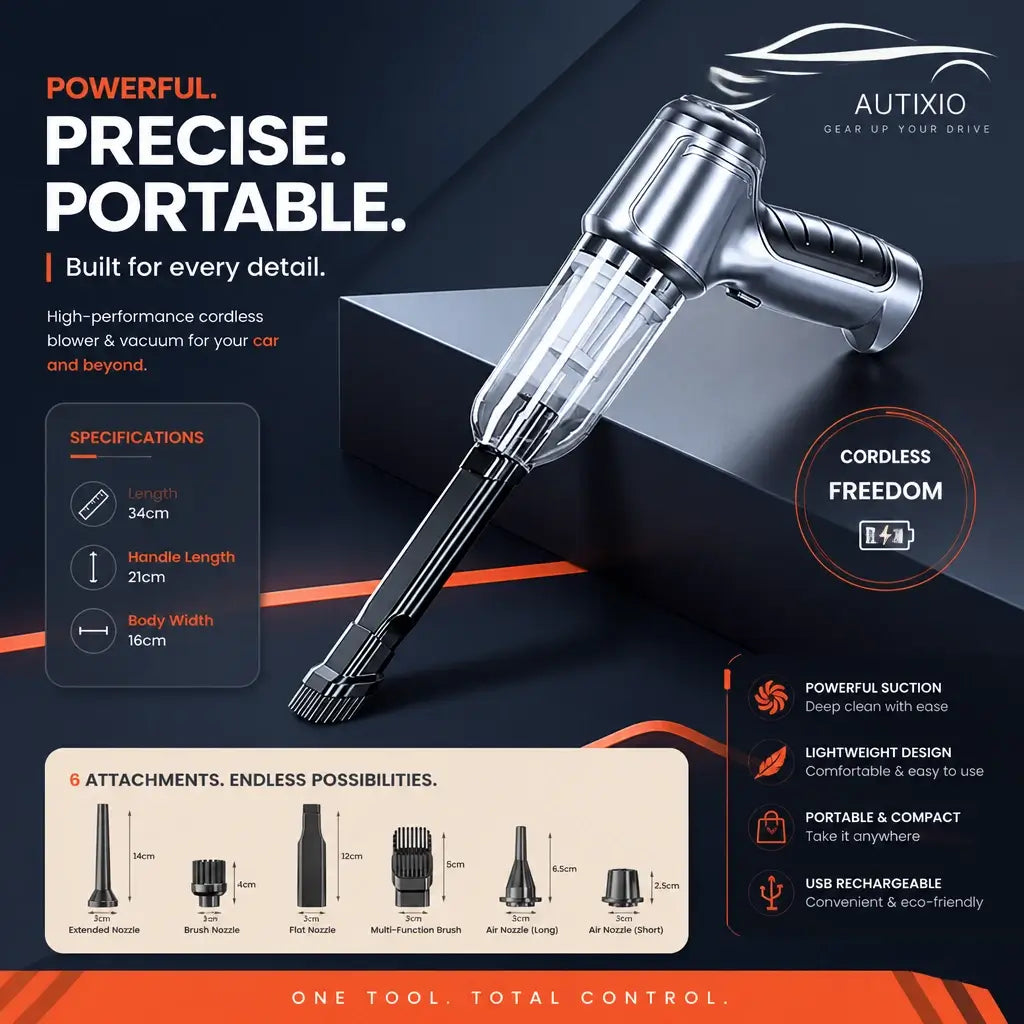 Complete cordless handheld vacuum unit with six attachments, specifications, and key features