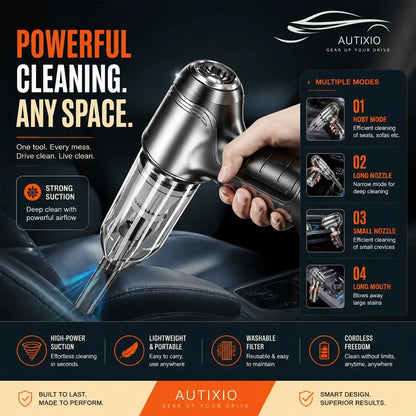 Handheld car vacuum held in hand with four attachment modes including slim, long nozzle, small nozzle, and long mouth