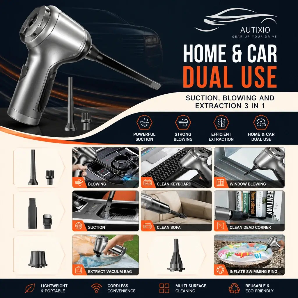 Vacuum with home and car dual-use capabilities shown with nine cleaning application scenarios
