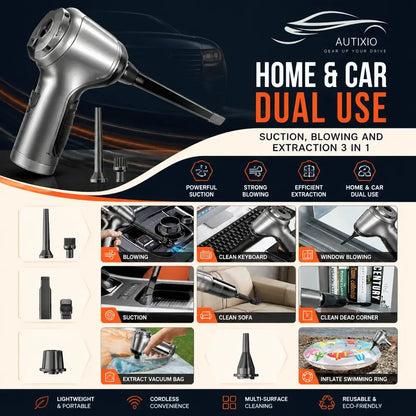 Vacuum with home and car dual-use capabilities shown with nine cleaning application scenarios