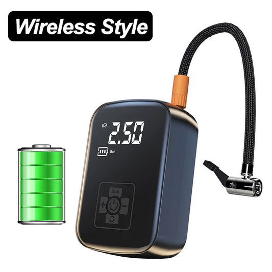 Wireless portable tire inflator with digital pressure display and rechargeable battery for car and bike use