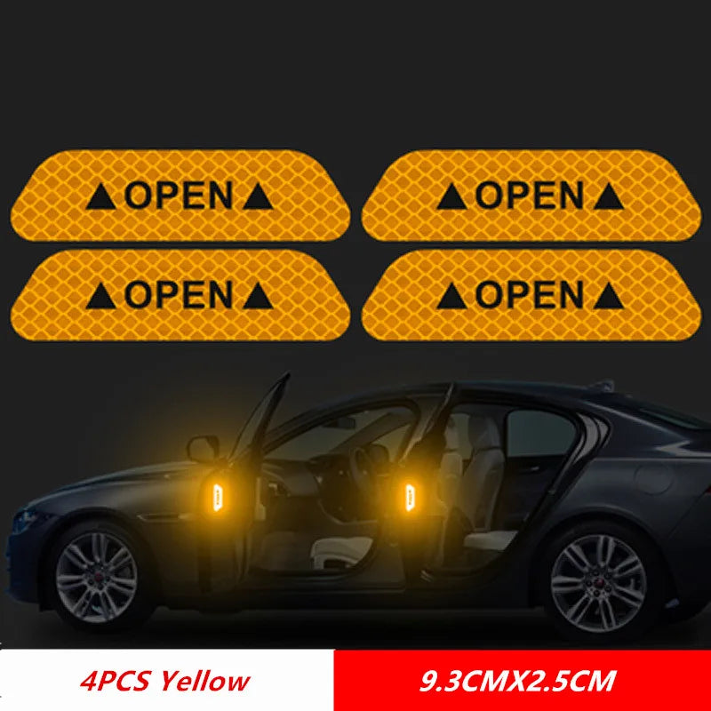 Set of 4 yellow reflective car door warning stickers labeled OPEN for increased night safety and visibility